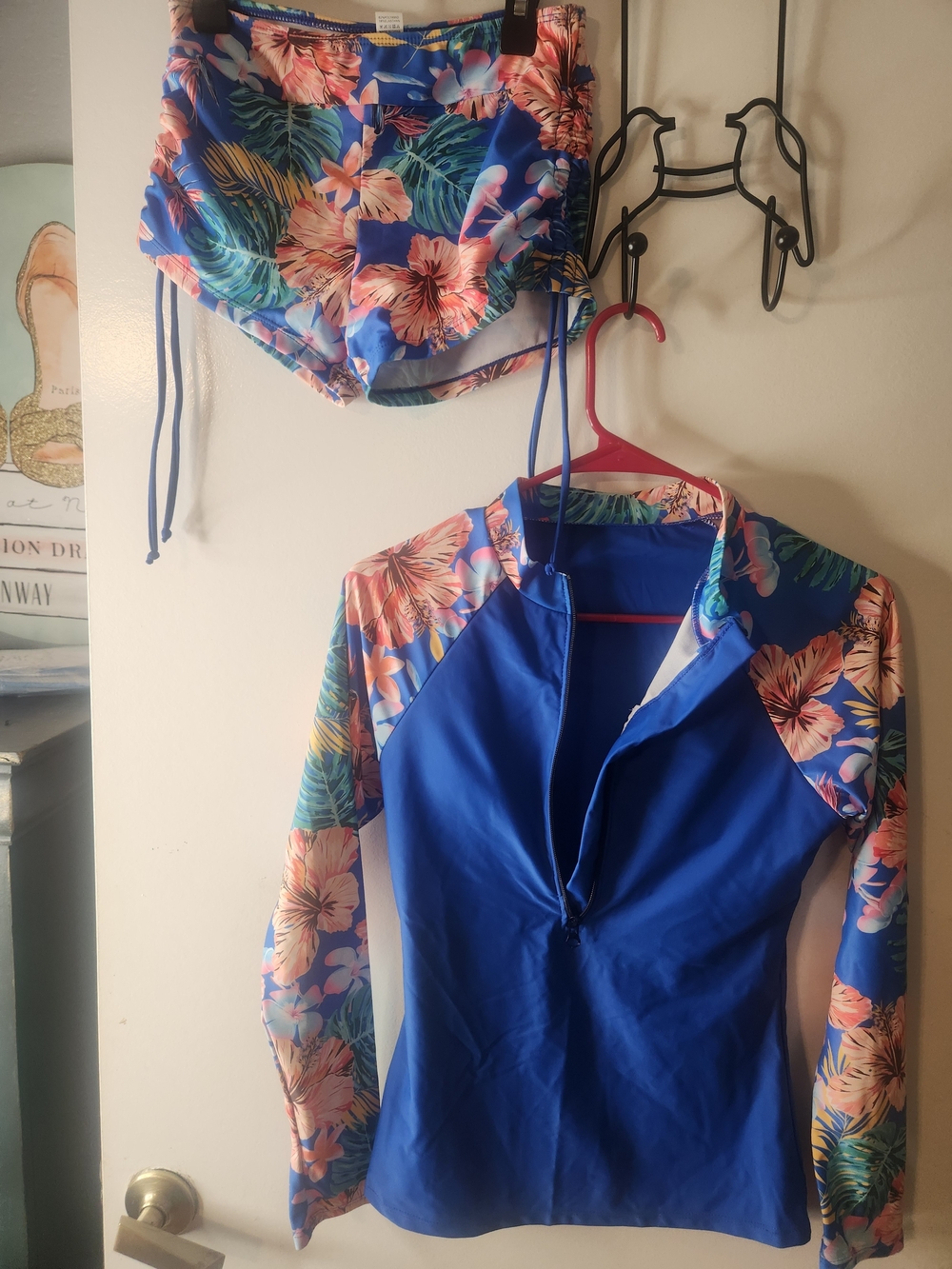 Women’s Blue Floral Long-Sleeve Swim Top with Matching High-Waist Bikini Bottoms